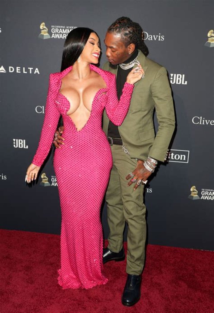 Cardi B Stuns In A Low-Cut Pink Dress While Cuddling With Husband Offset At Pre-Grammy Party